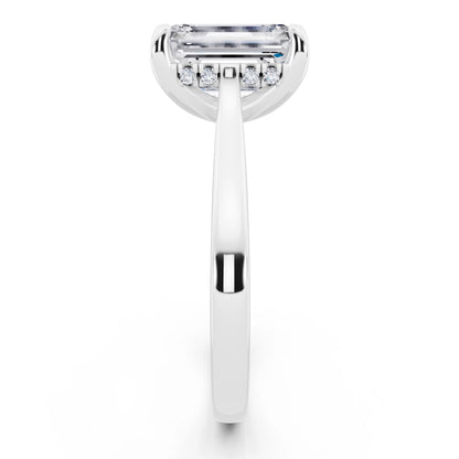 18 KT White Gold Emerald Cut Diamond Solitaire Ring with Cathedral Band - side view