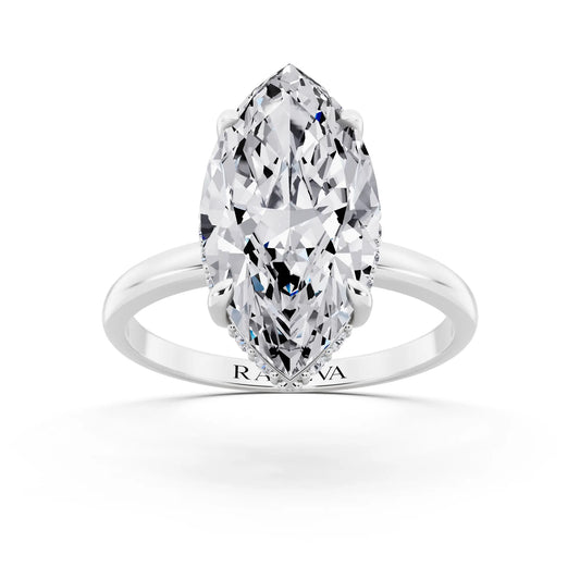 18 KT White Gold Marquise Cut Diamond Hidden Halo Solitaire Ring - front view