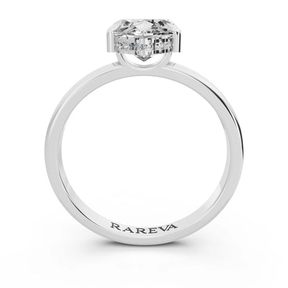 18 KT White Gold Marquise Cut Diamond Solitaire Ring with Hidden Halo - through finger