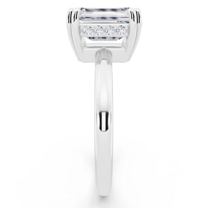 14 KT White Gold Emerald Cut Diamond Solitaire Ring with Hidden Accent Basket - side view