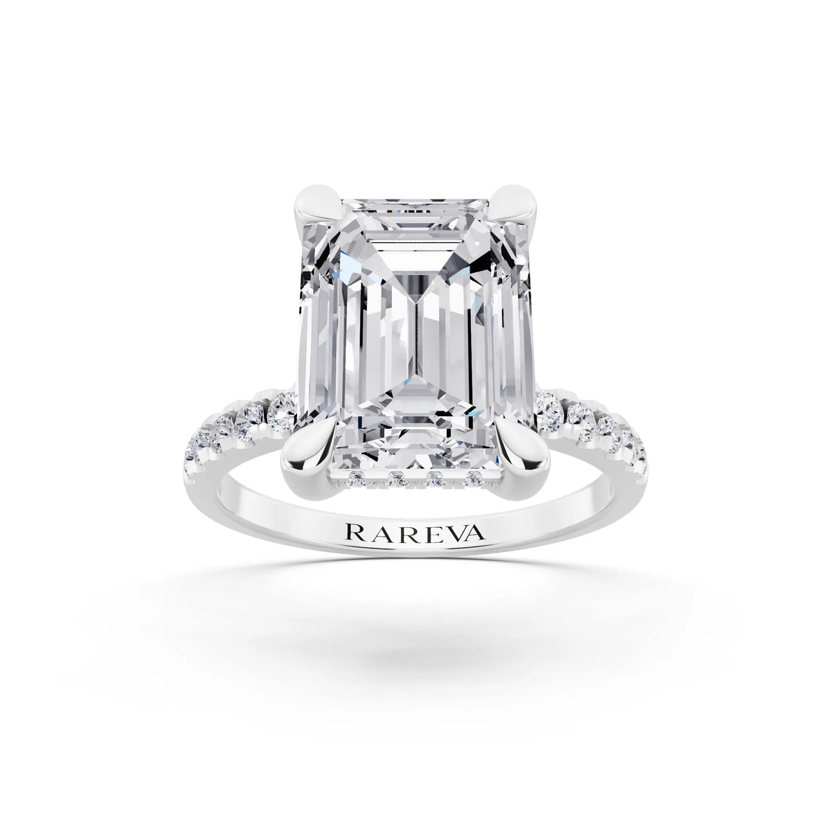 18 KT White Gold Emerald Cut Diamond Solitaire Ring with Round Pavé Band and Prong Setting - front view
