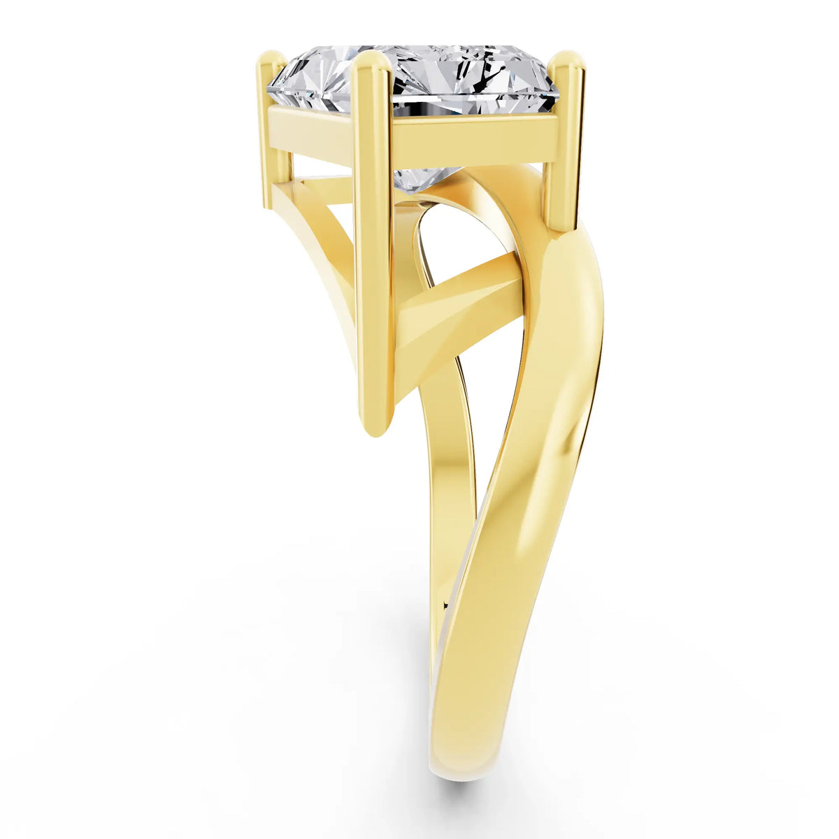 18 KT Yellow Gold Radiant Cut Diamond Solitaire Ring with Bypass Band - Side view