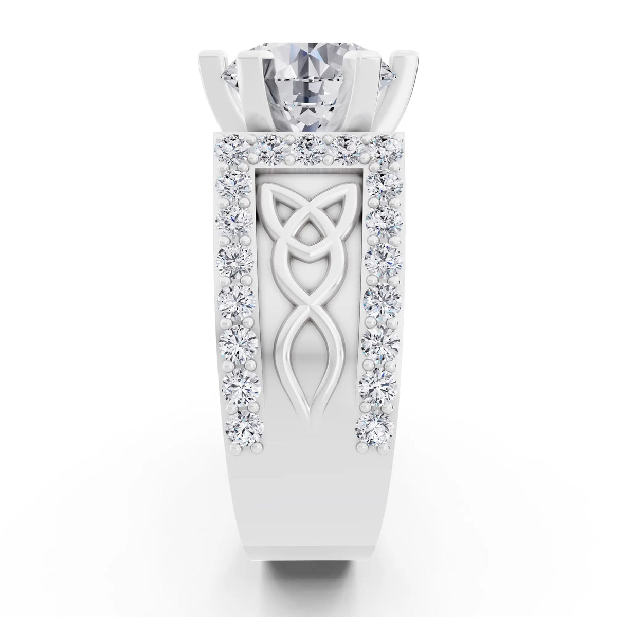 Platinum Round Cut Diamond Solitaire Ring with Celtic Knot Band - Side view