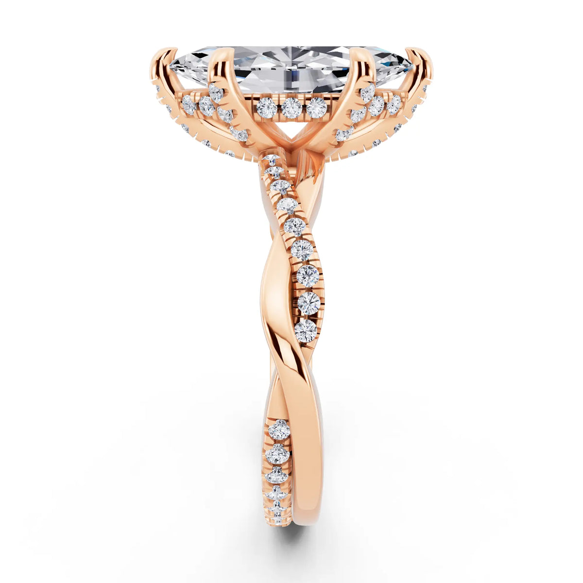 14 KT Rose Gold Marquise Cut Diamond Hidden Halo Ring with Twisted Pave Band - side view