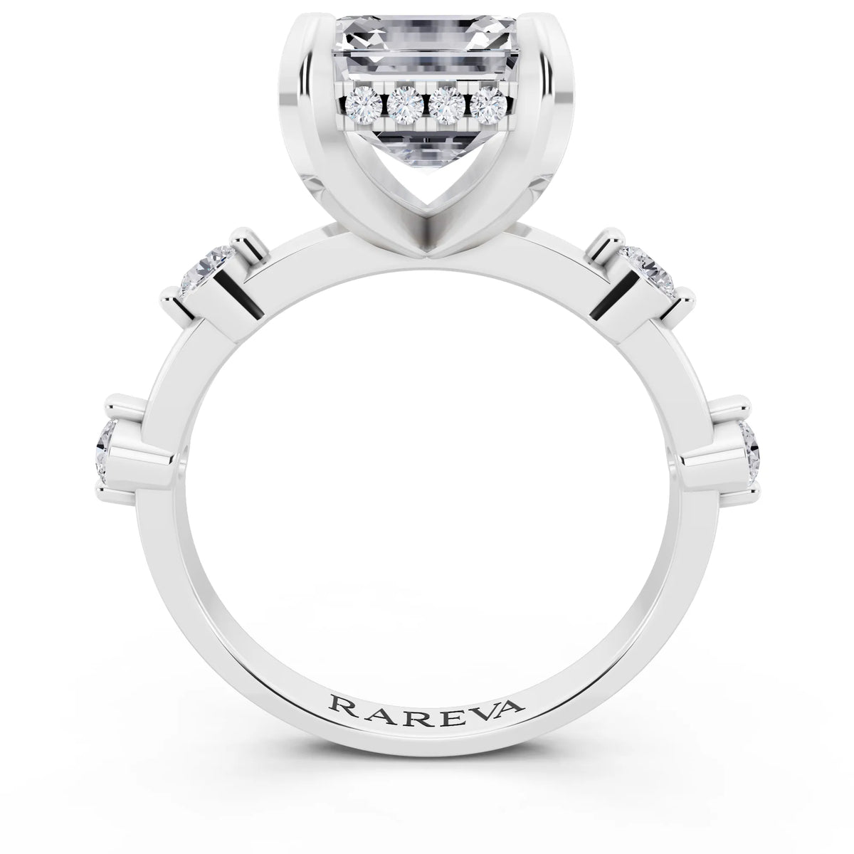 Platinum Asscher Cut Diamond Solitaire Ring with Floating Diamond Accents - through finger