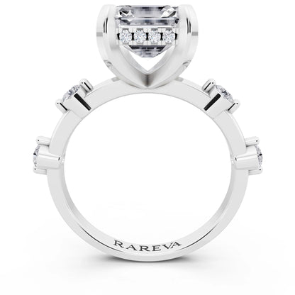 Platinum Asscher Cut Diamond Solitaire Ring with Floating Diamond Accents - through finger