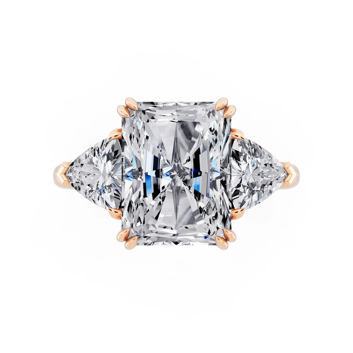 14 KT Rose Gold Radiant Cut Diamond Three Stone Ring with Trillion Accents - top angle
