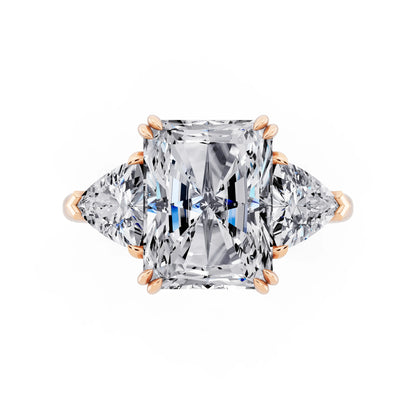 14 KT Rose Gold Radiant Cut Diamond Three Stone Ring with Trillion Accents - top angle