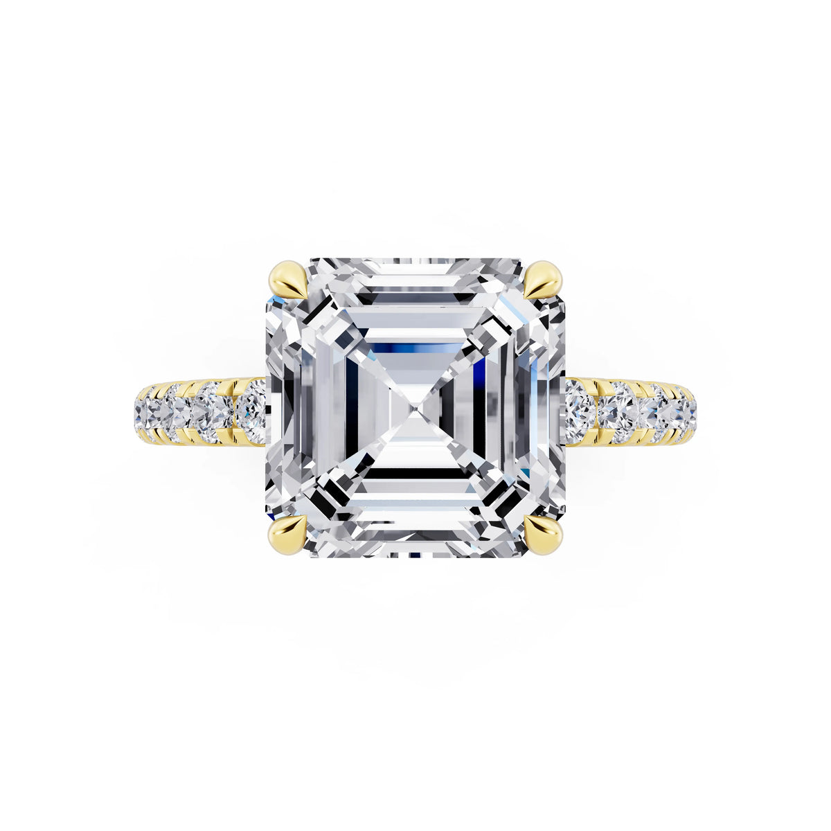18 KT Yellow Gold Asscher Cut Diamond Solitaire Ring with Hidden Halo and French Pave Band - top angle