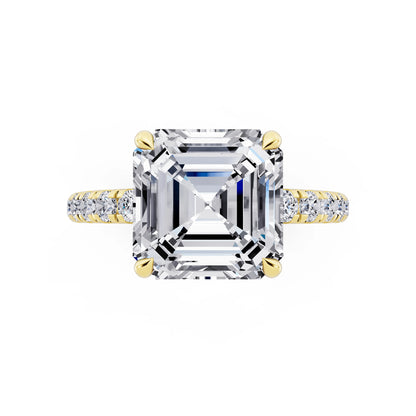 18 KT Yellow Gold Asscher Cut Diamond Solitaire Ring with Hidden Halo and French Pave Band - top angle