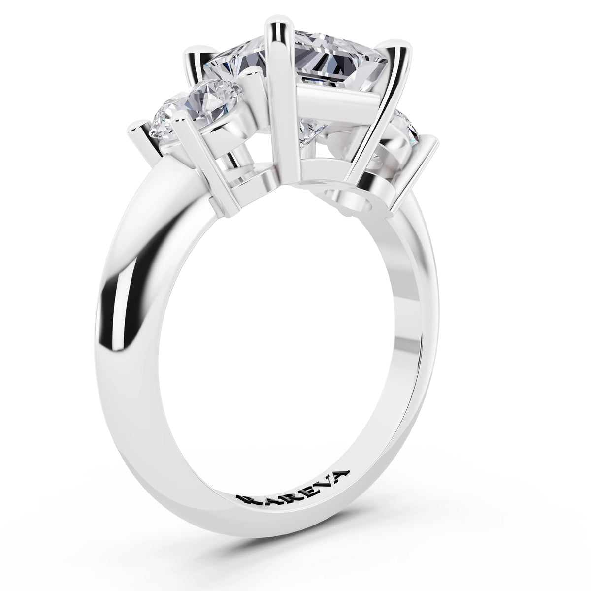 14 KT White Gold Princess Cut Diamond Three Stone Ring with Round Accents - top view