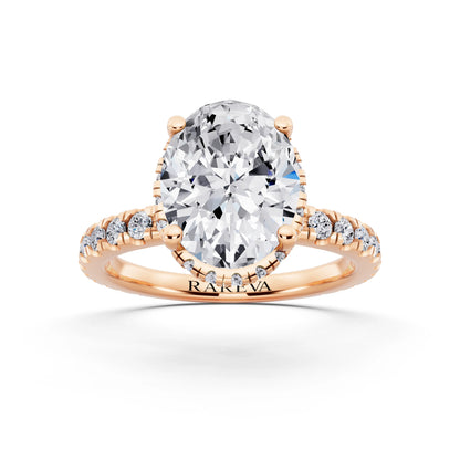 14 KT Rose Gold Oval Cut Diamond Hidden Halo Ring with Pave Band - front view