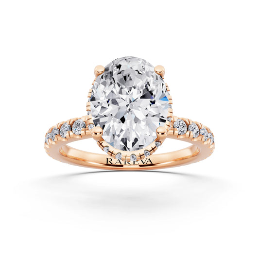 14 KT Rose Gold Oval Cut Diamond Hidden Halo Ring with Pave Band - front view