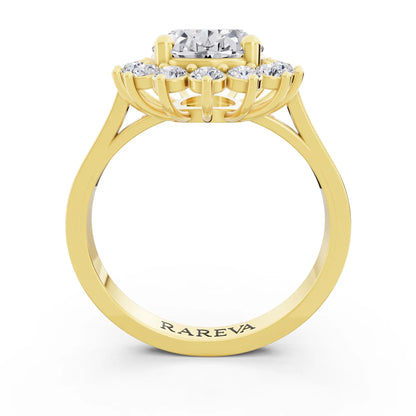 14 KT Yellow Gold Oval Cut Diamond Floral Halo Ring - Through
