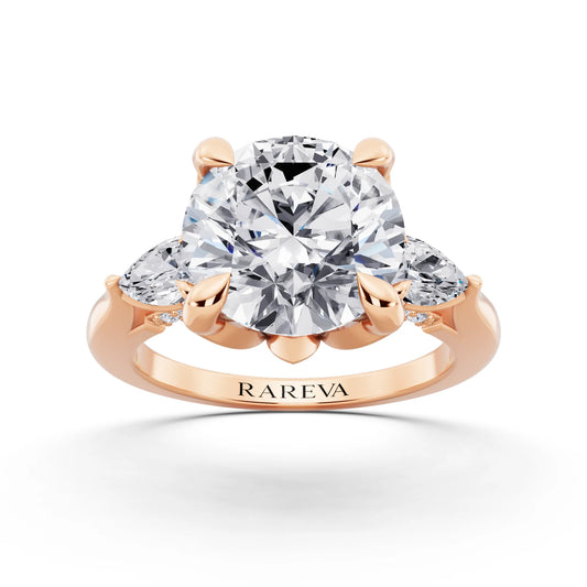 14 KT Rose Gold Round Cut Diamond Cluster Engagement Ring with Pear Accents and Pavé Band - front view