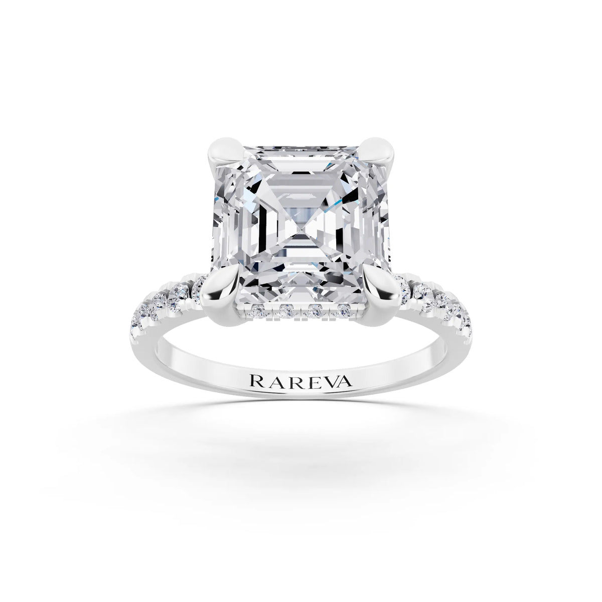 18 KT White Gold Asscher Cut Diamond Solitaire Ring with Round Pavé Band and Prong Setting - front view