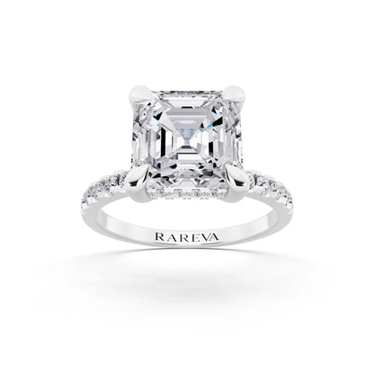 18 KT White Gold Asscher Cut Diamond Solitaire Ring with Round Pavé Band and Prong Setting - front view