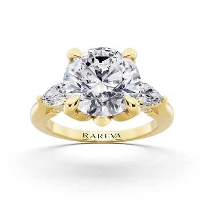 14 KT Yellow Gold Round Cut Diamond Cluster Engagement Ring with Pear Accents and Pavé Band - front view