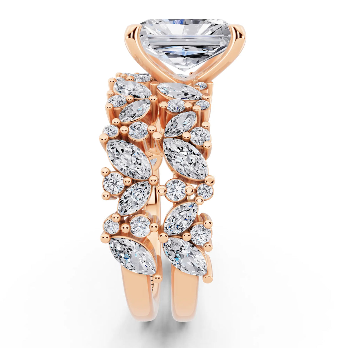 18 KT Rose Gold Radiant Cut Diamond Ring with Marquise Cluster Band - side view
