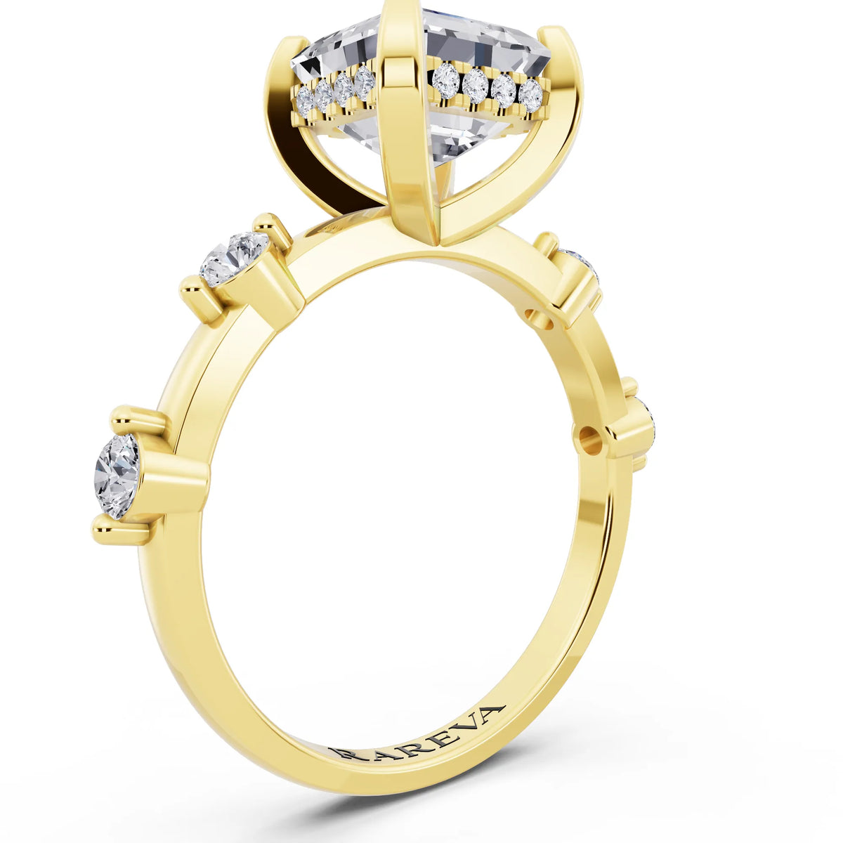 14 KT Yellow Gold Asscher Cut Diamond Solitaire Ring with Floating Diamond Accents - top view