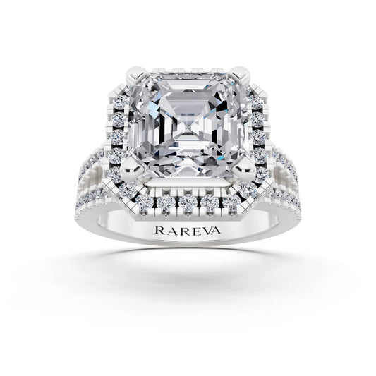 Platinum Asscher Cut Diamond Halo Ring with Pave Split Shank - front view