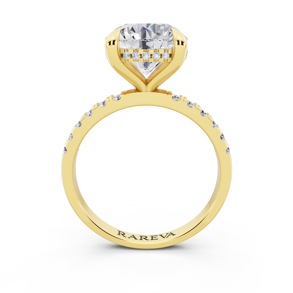 18 KT Yellow Gold Round Cut Diamond Solitaire Ring with Round Pavé Band and Prong Setting - through finger
