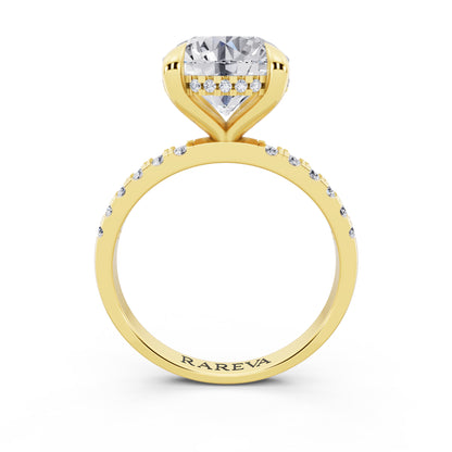 18 KT Yellow Gold Round Cut Diamond Solitaire Ring with Round Pavé Band and Prong Setting - through finger