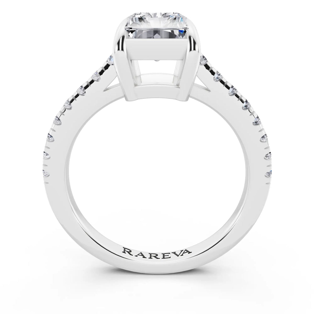 18 KT White Gold Radiant Cut Diamond Claw Prong Solitaire Ring with French Pave Band - through finger