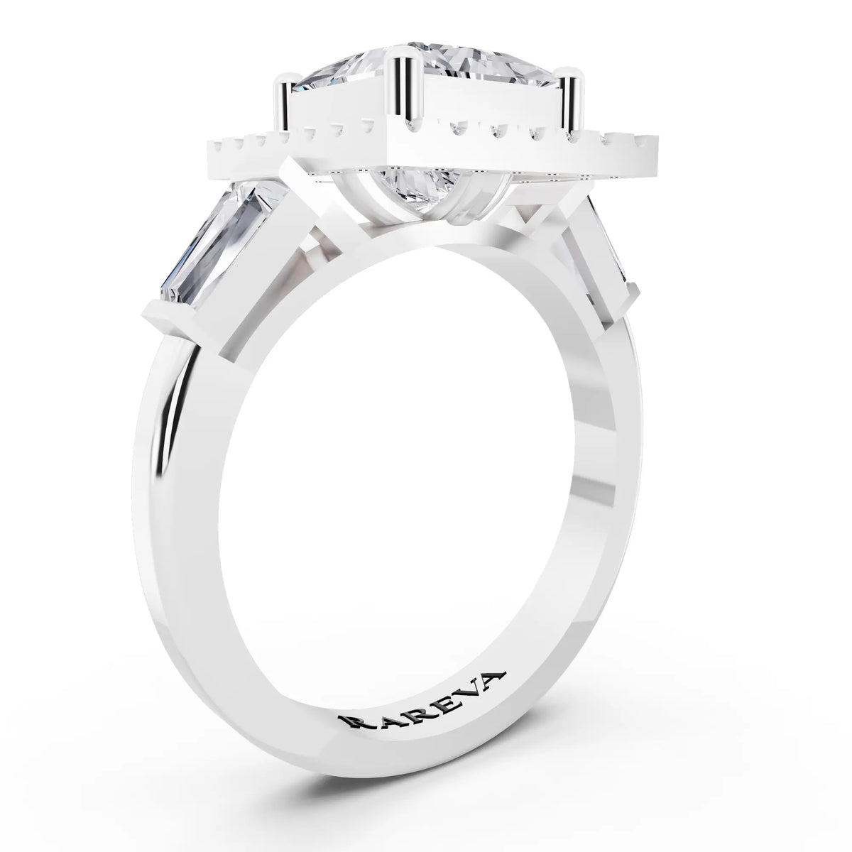 14 KT White Gold Princess Cut Diamond Halo Ring with Baguette Accents - top view