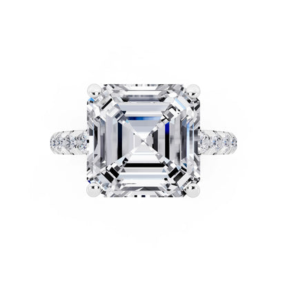 14 KT White Gold Asscher Cut Diamond Ring with Hidden Halo - top angle