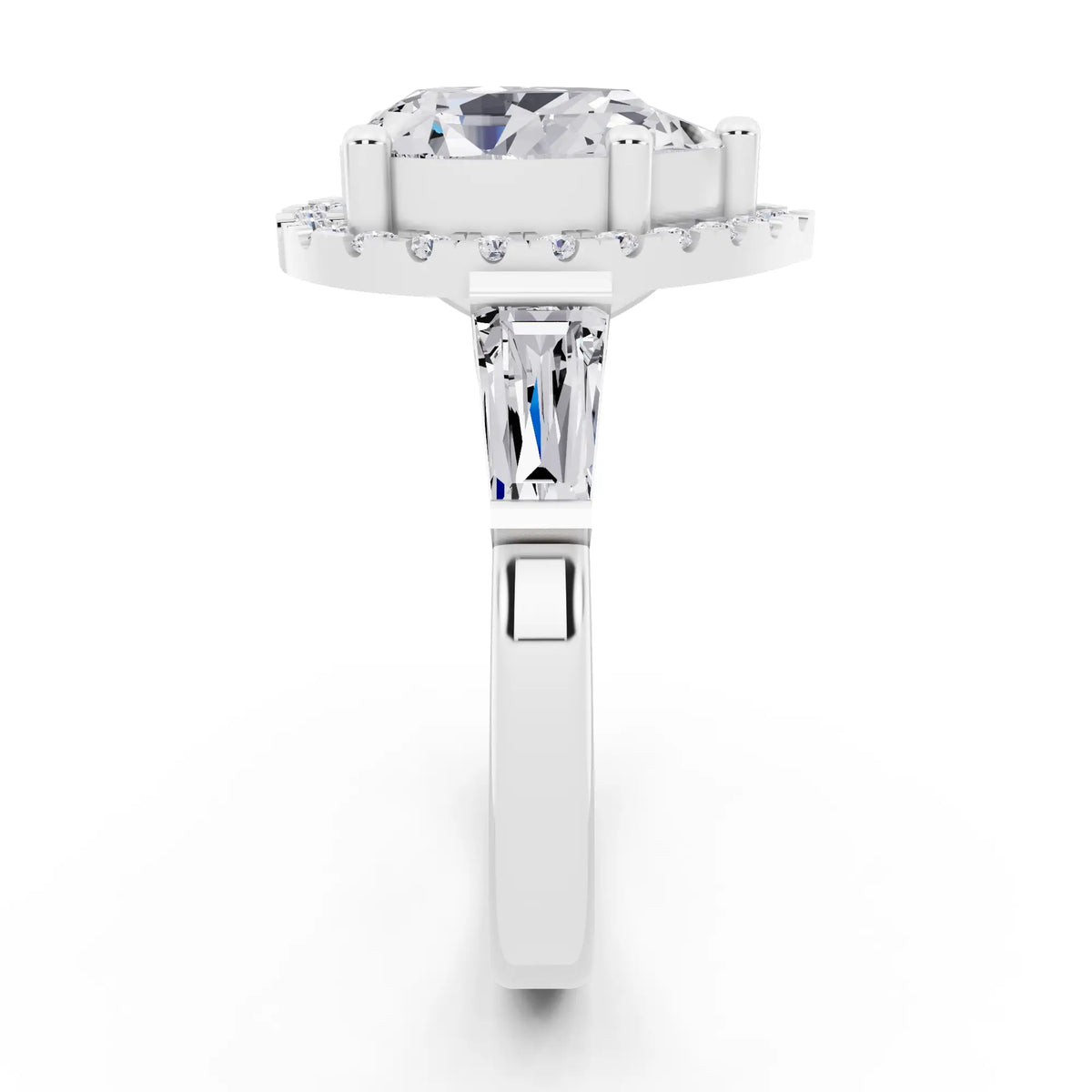 14 KT White Gold Pear Cut Diamond Halo Ring with Baguette Accents - side view