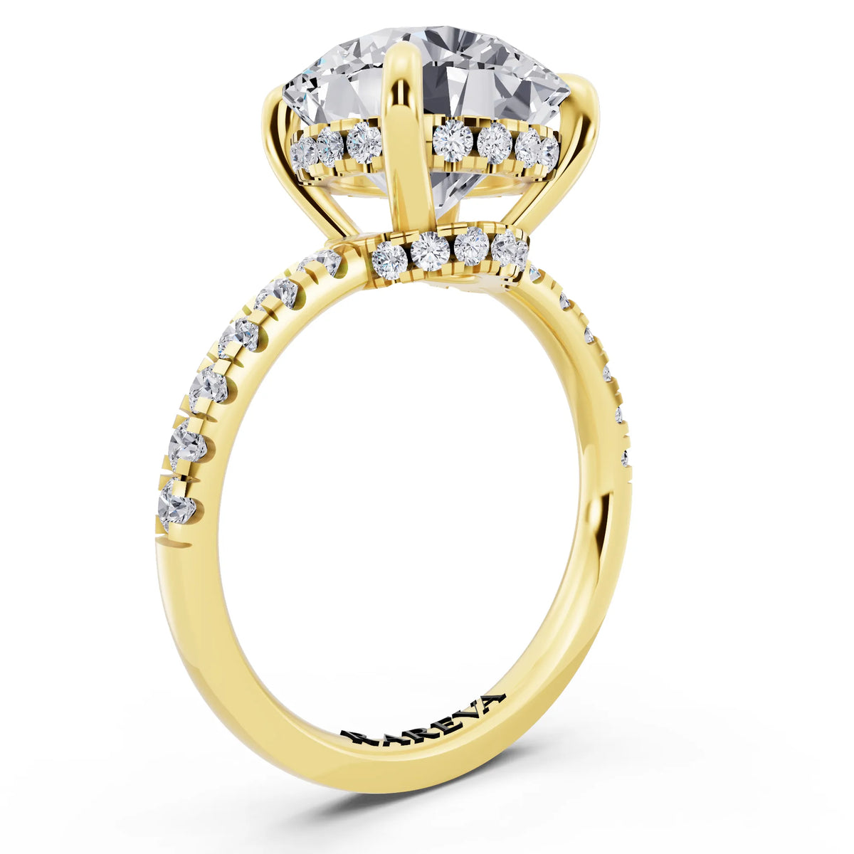 14 KT Yellow Gold Round Cut Diamond Hidden Halo Tiger Prong Pave Band Ring - top view