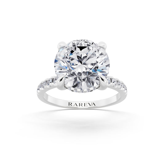 Platinum Round Cut Diamond Solitaire Ring with Round Pavé Band and Prong Setting - front view