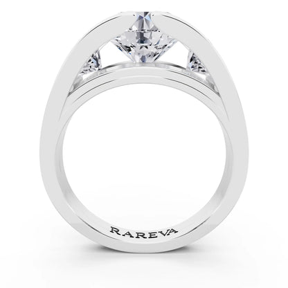 18 KT White Gold Round Cut Diamond Ring with Graduated Side Stones - Through