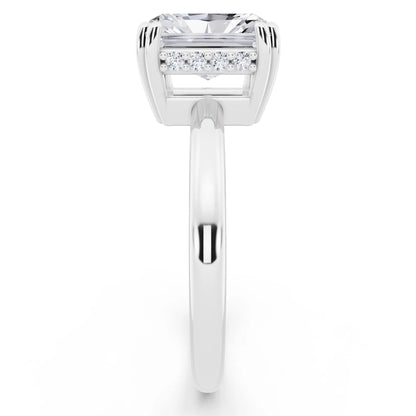 18 KT White Gold Radiant Cut Diamond Solitaire Ring with Hidden Accent Basket - side view