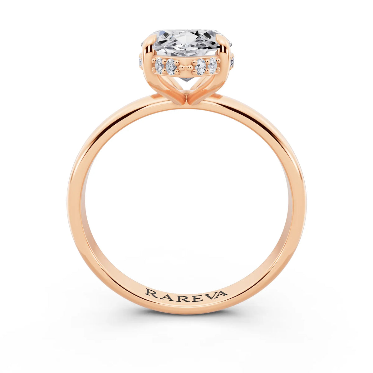18 KT Rose Gold Marquise Cut Diamond Hidden Halo Solitaire Ring - through finger
