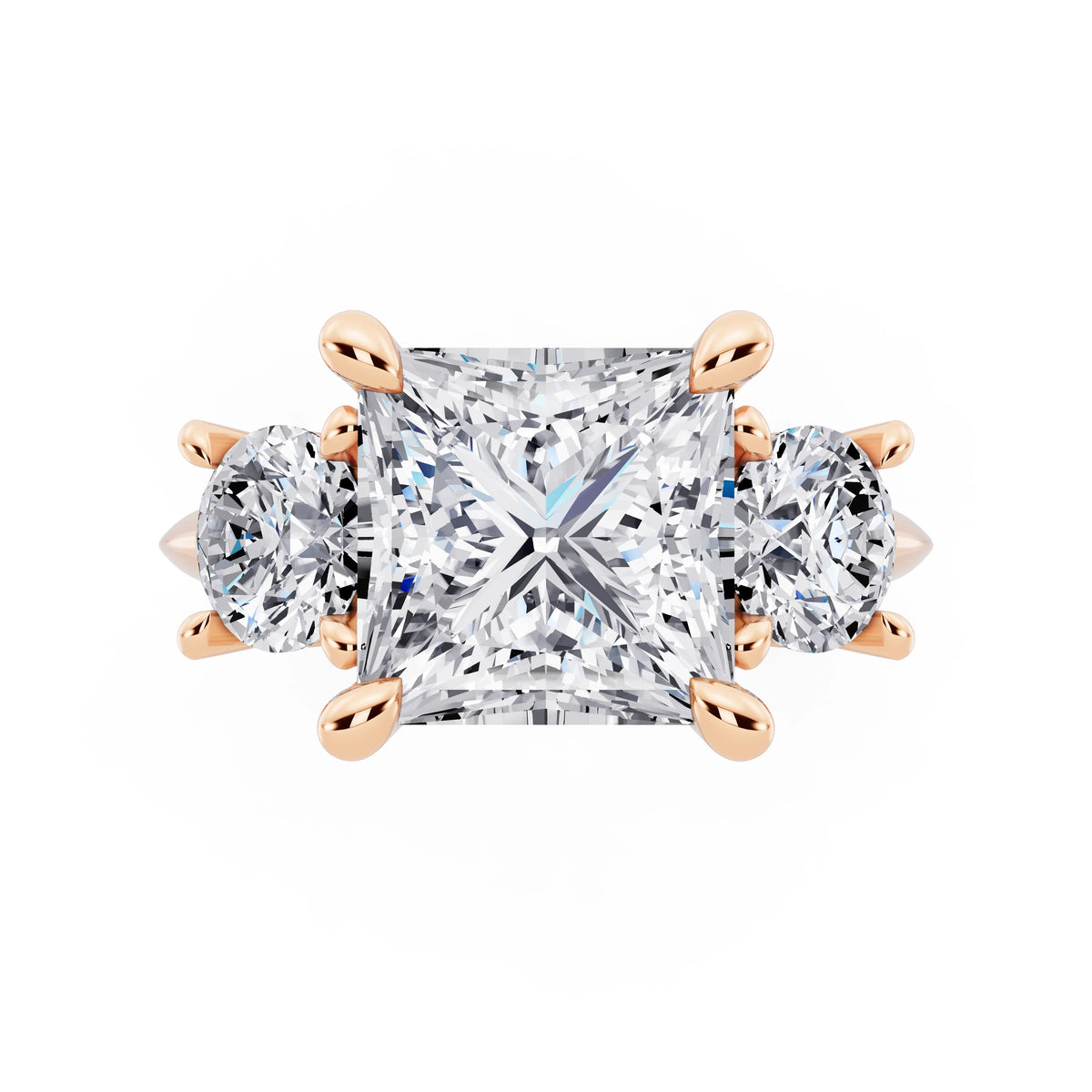 14 KT Rose Gold Princess Cut Diamond Three Stone Ring with Round Accents - top angle