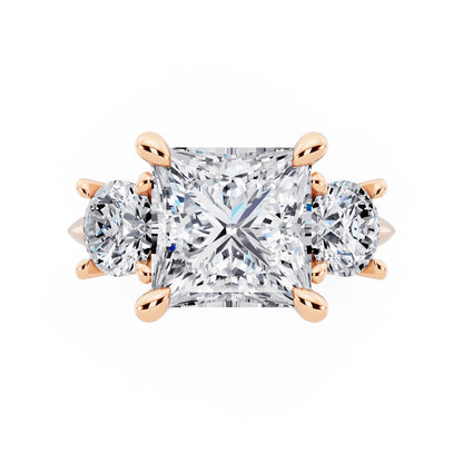 14 KT Rose Gold Princess Cut Diamond Three Stone Ring with Round Accents - top angle