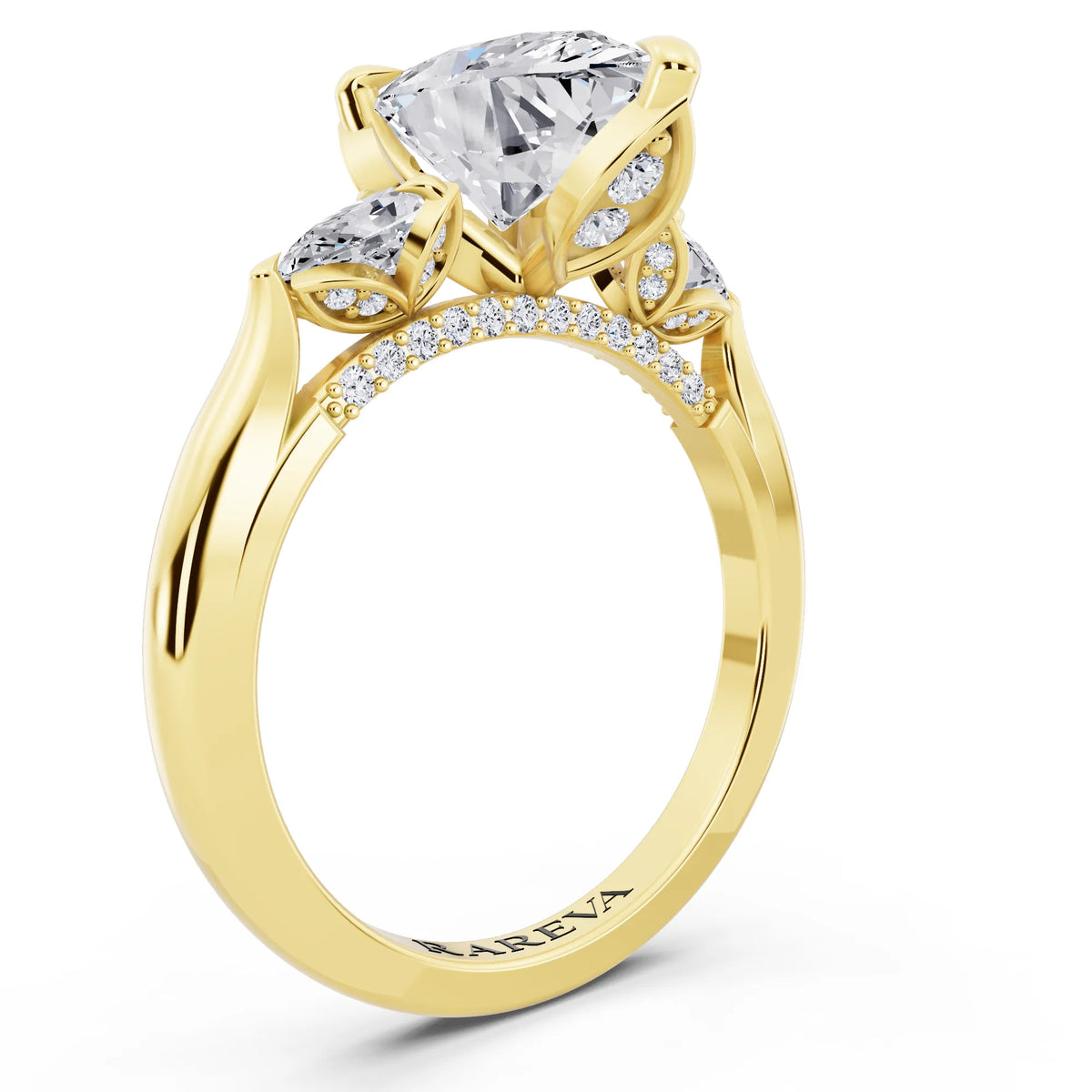 18 KT Yellow Gold Pear Cut Diamond Cluster Engagement Ring with Pear Accents and Pavé Band - top view