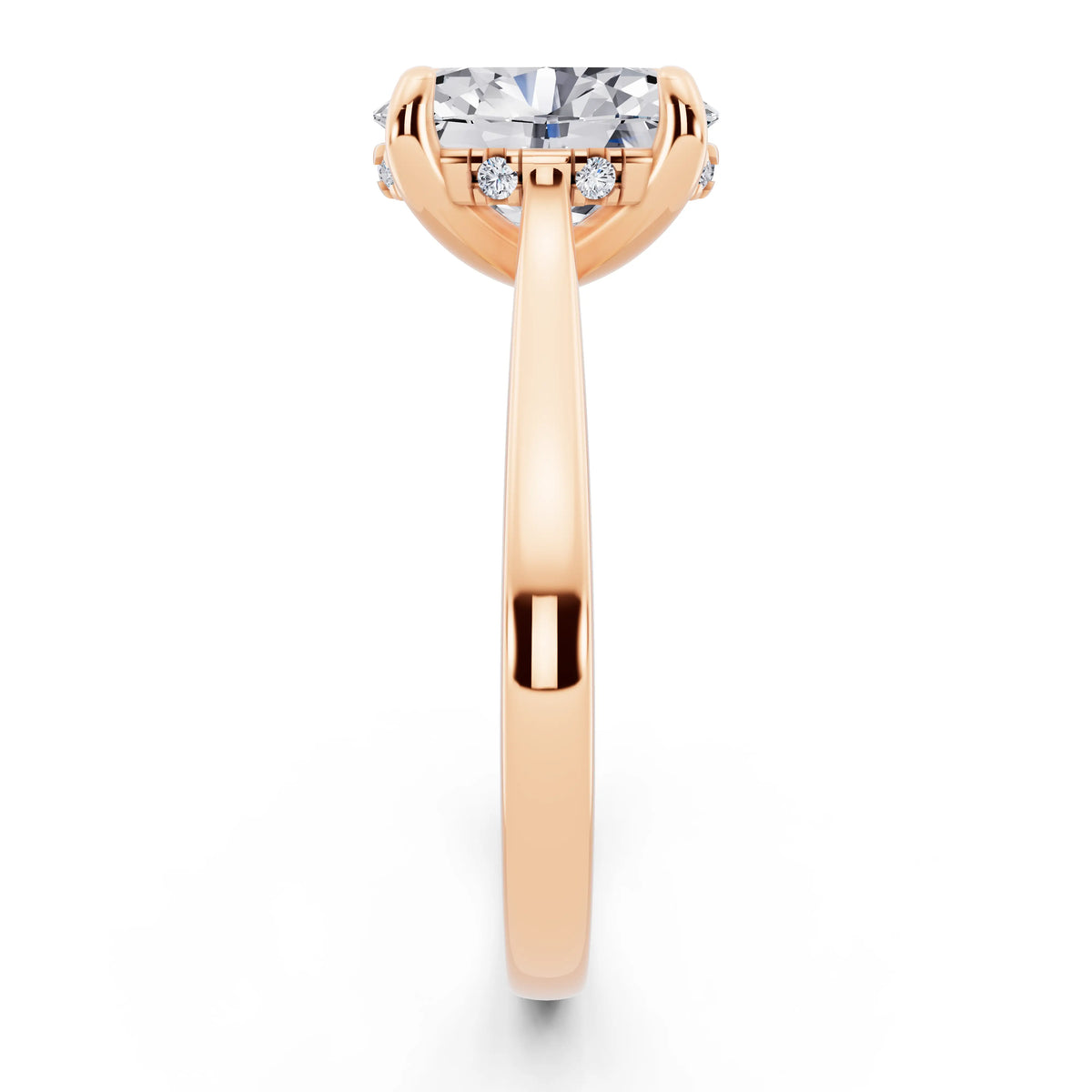 14 KT Rose Gold Oval Cut Diamond Solitaire Ring with Cathedral Band - side view