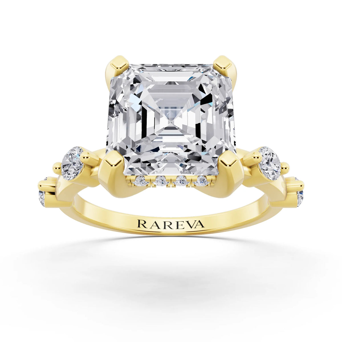 14 KT Yellow Gold Asscher Cut Diamond Solitaire Ring with Floating Diamond Accents - front view