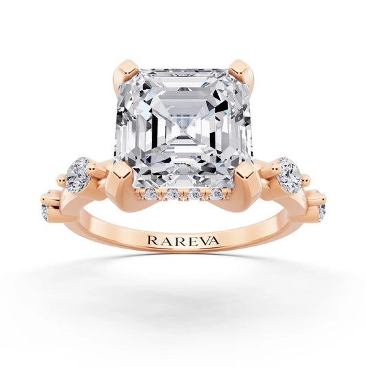 14 KT Rose Gold Asscher Cut Diamond Solitaire Ring with Floating Diamond Accents - front view