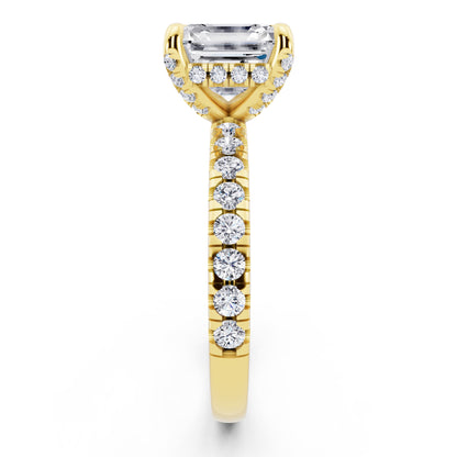 18 KT Yellow Gold Asscher Cut Diamond Hidden Halo Ring with Pave Shank - side view