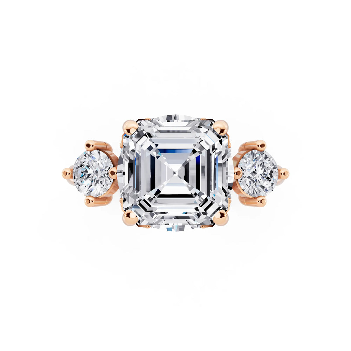 14 KT Rose Gold Asscher Cut Diamond Three Stone Engagement Ring with Hidden Halo - top angle