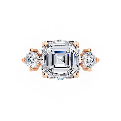 14 KT Rose Gold Asscher Cut Diamond Three Stone Engagement Ring with Hidden Halo - top angle