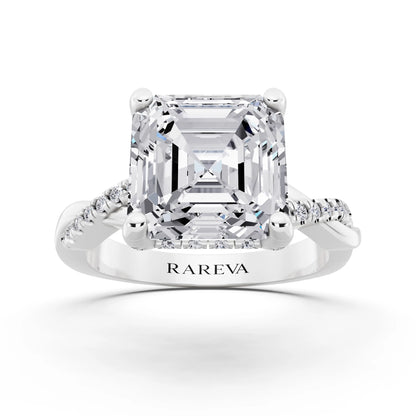 14 KT White Gold Asscher Cut Diamond Hidden Halo Ring with Twisted Pave Band - front view