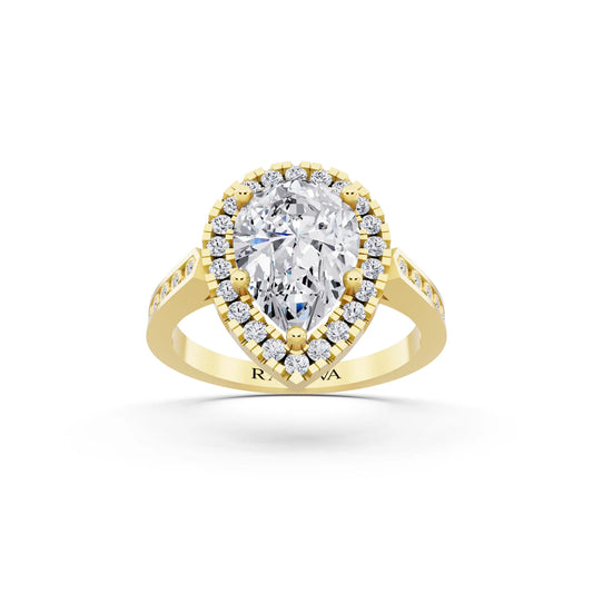 18 KT Yellow Gold Pear Cut Diamond Halo Ring with Bezel Accent Band - front view