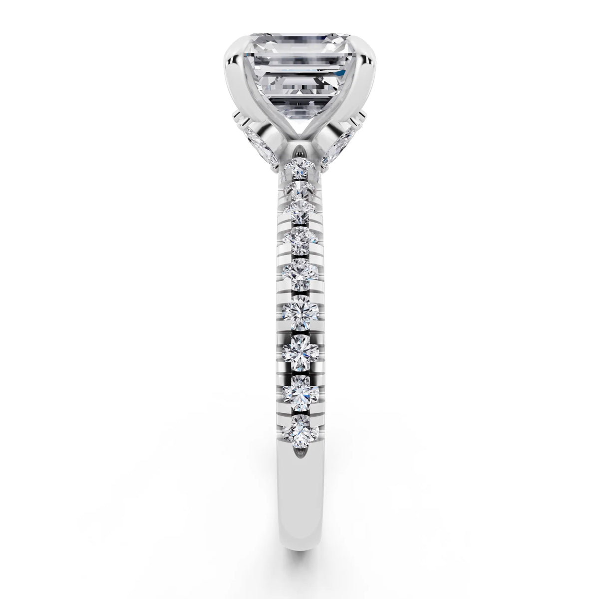 18 KT White Gold Asscher Cut Diamond Solitaire Ring with Marquise Collar - side view