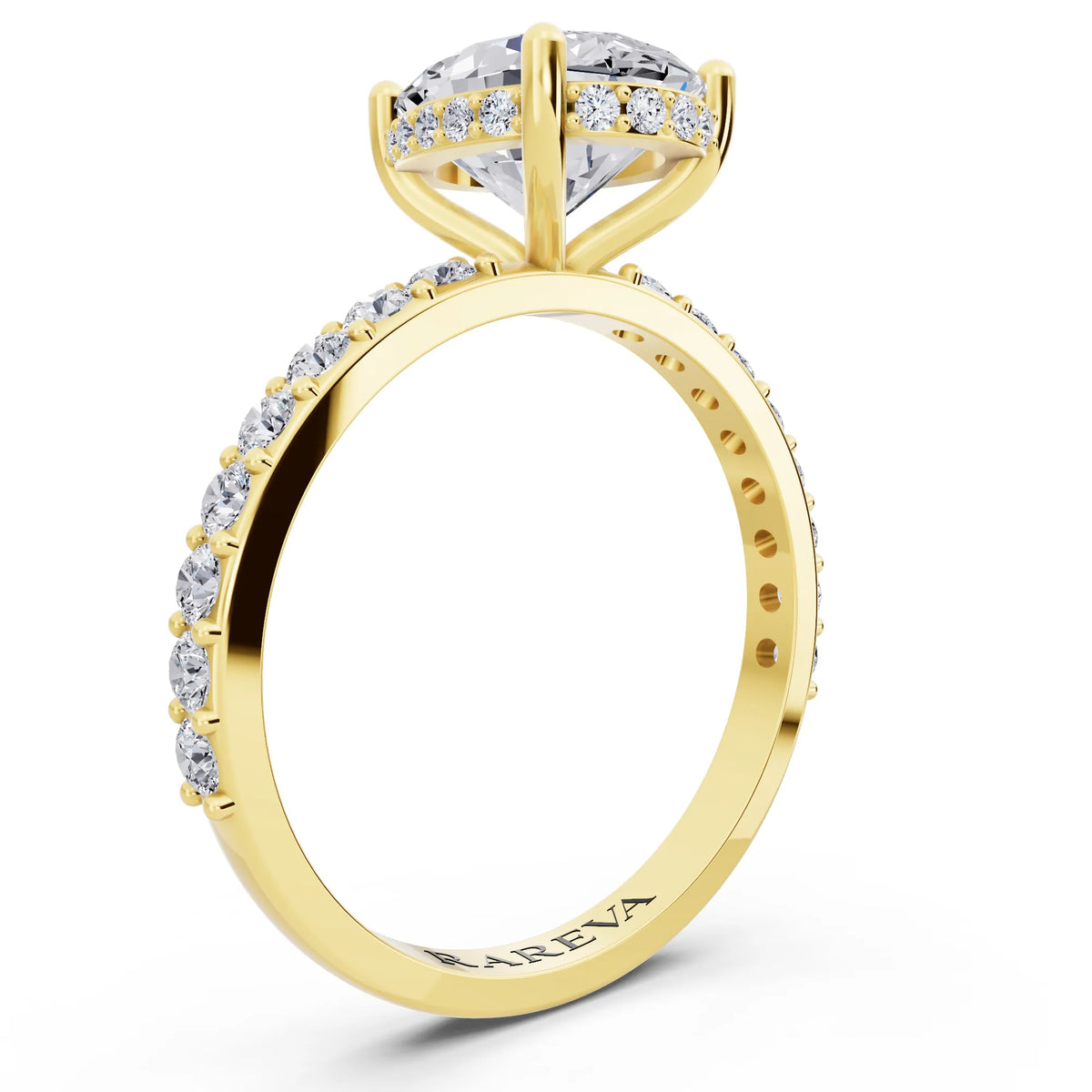 18 KT Yellow Gold Oval Cut Diamond Solitaire Ring with Hidden Halo and Pave Band - top view
