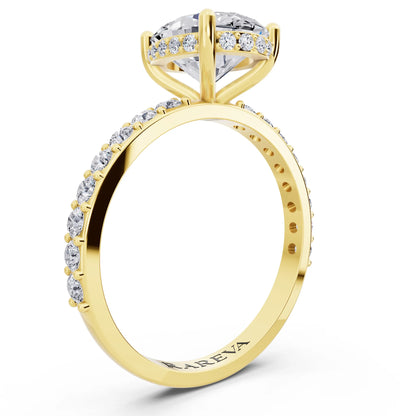18 KT Yellow Gold Oval Cut Diamond Solitaire Ring with Hidden Halo and Pave Band - top view